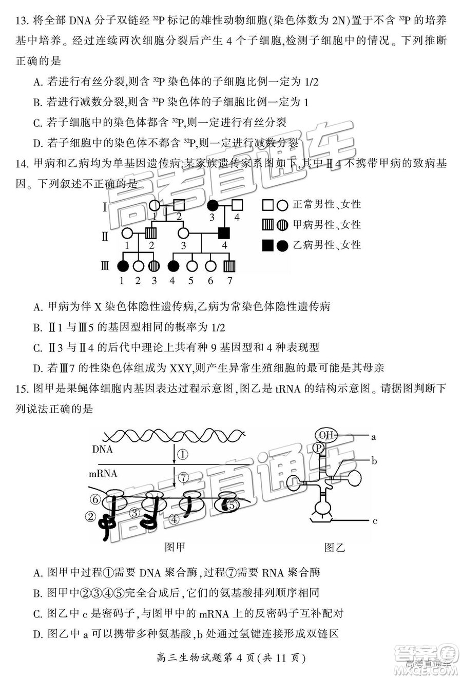 2019屆湖南省郴州市高三第一次質(zhì)量檢測理綜試題及參考答案