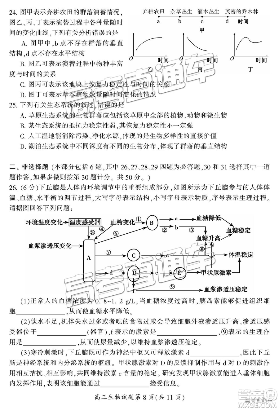 2019屆湖南省郴州市高三第一次質(zhì)量檢測理綜試題及參考答案