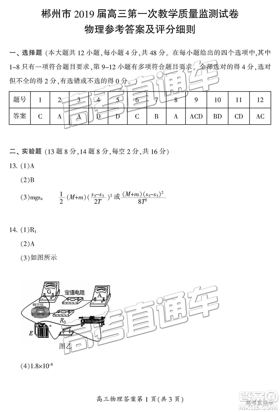 2019屆湖南省郴州市高三第一次質(zhì)量檢測理綜試題及參考答案