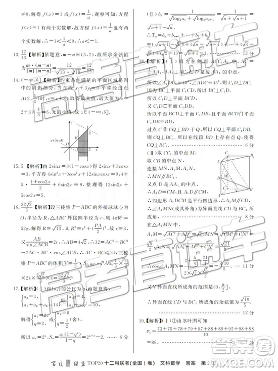 2019屆百校聯(lián)盟TOP20十二月聯(lián)考全國(guó)Ⅰ卷文數(shù)參考答案