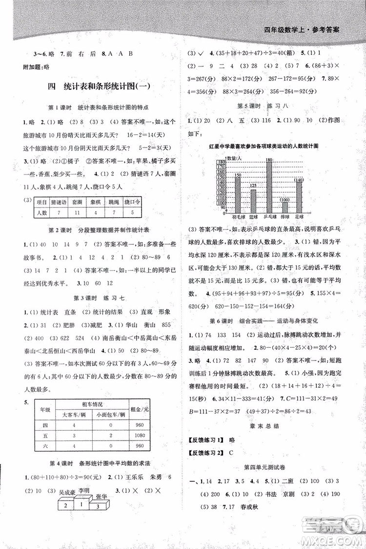 2018年秋南通小題課時作業(yè)本四年級上數(shù)學(xué)江蘇版參考答案