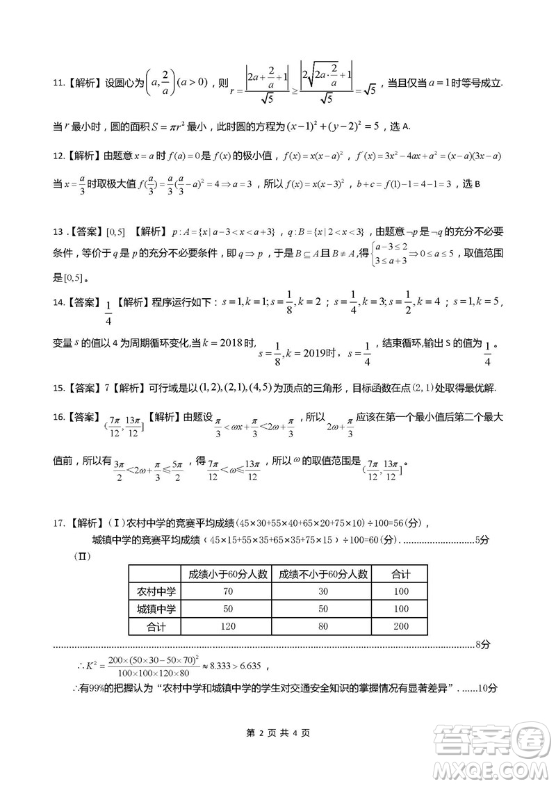 2019屆安徽江淮名校高三12月聯(lián)考數(shù)學文科試卷答案