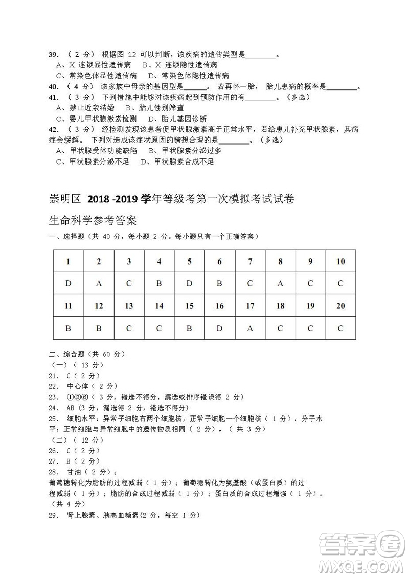 2019屆上海崇明高三生物一模試卷答案