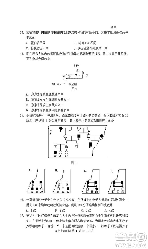 2019屆上海金山高三一模生物試卷答案