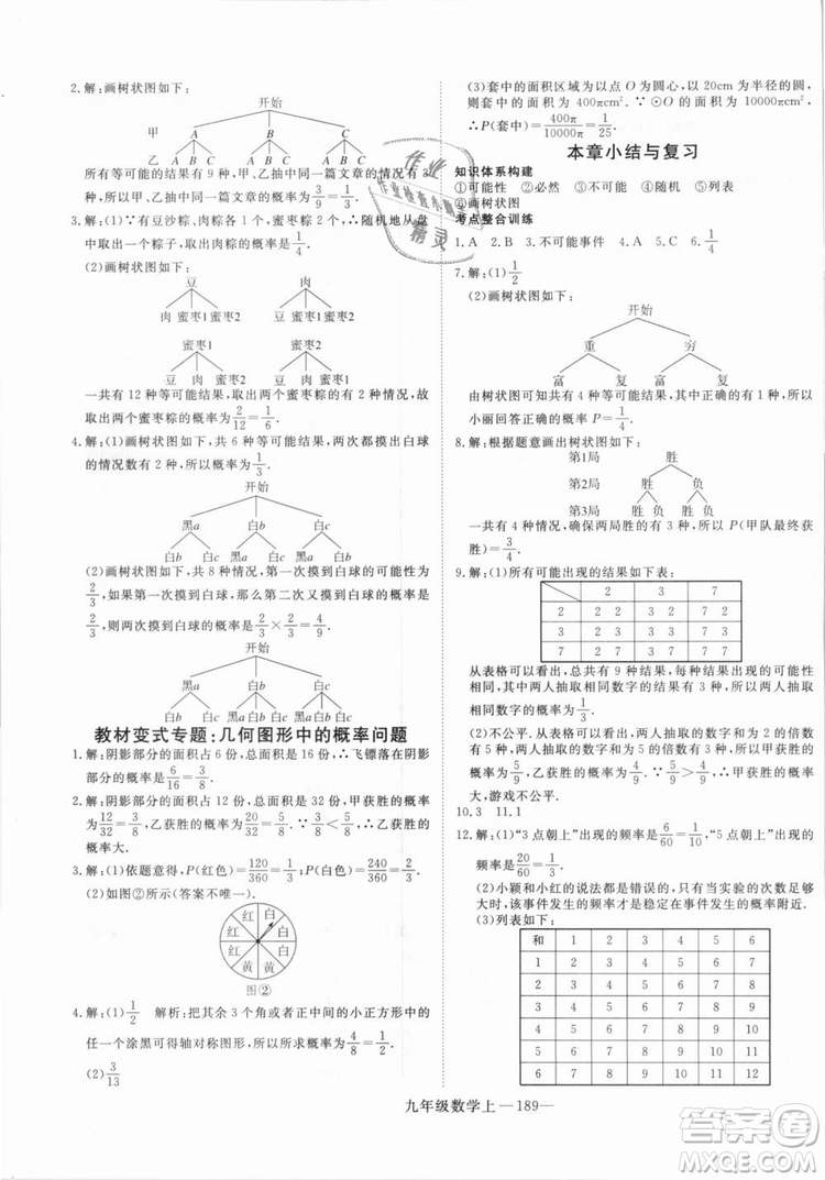 湖北專(zhuān)用人教版優(yōu)翼學(xué)練優(yōu)2018新版數(shù)學(xué)R九年級(jí)上冊(cè)參考答案