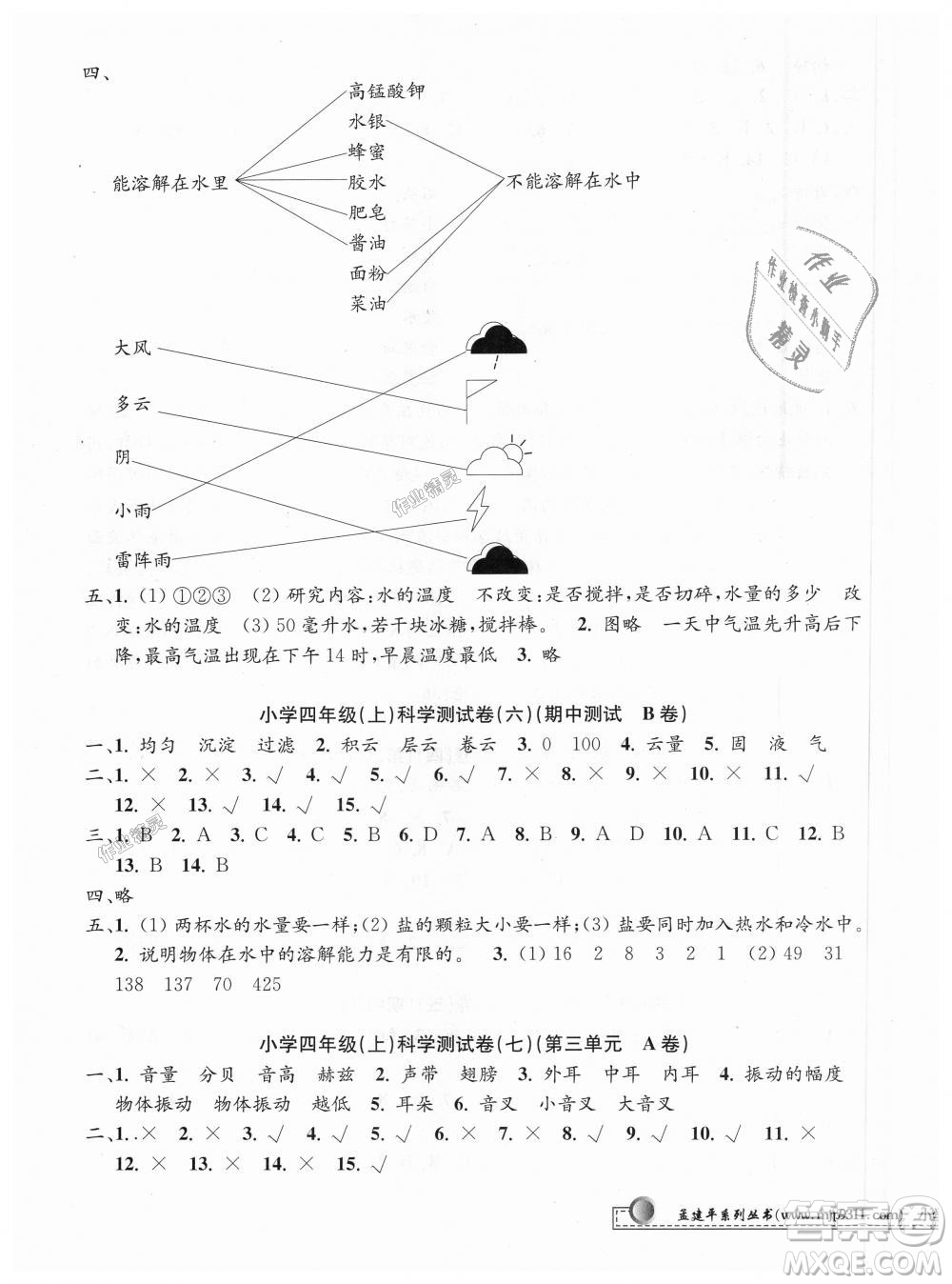 教科版9787517809203孟建平2018新版小學(xué)單元測(cè)試四年級(jí)上冊(cè)J科學(xué)答案