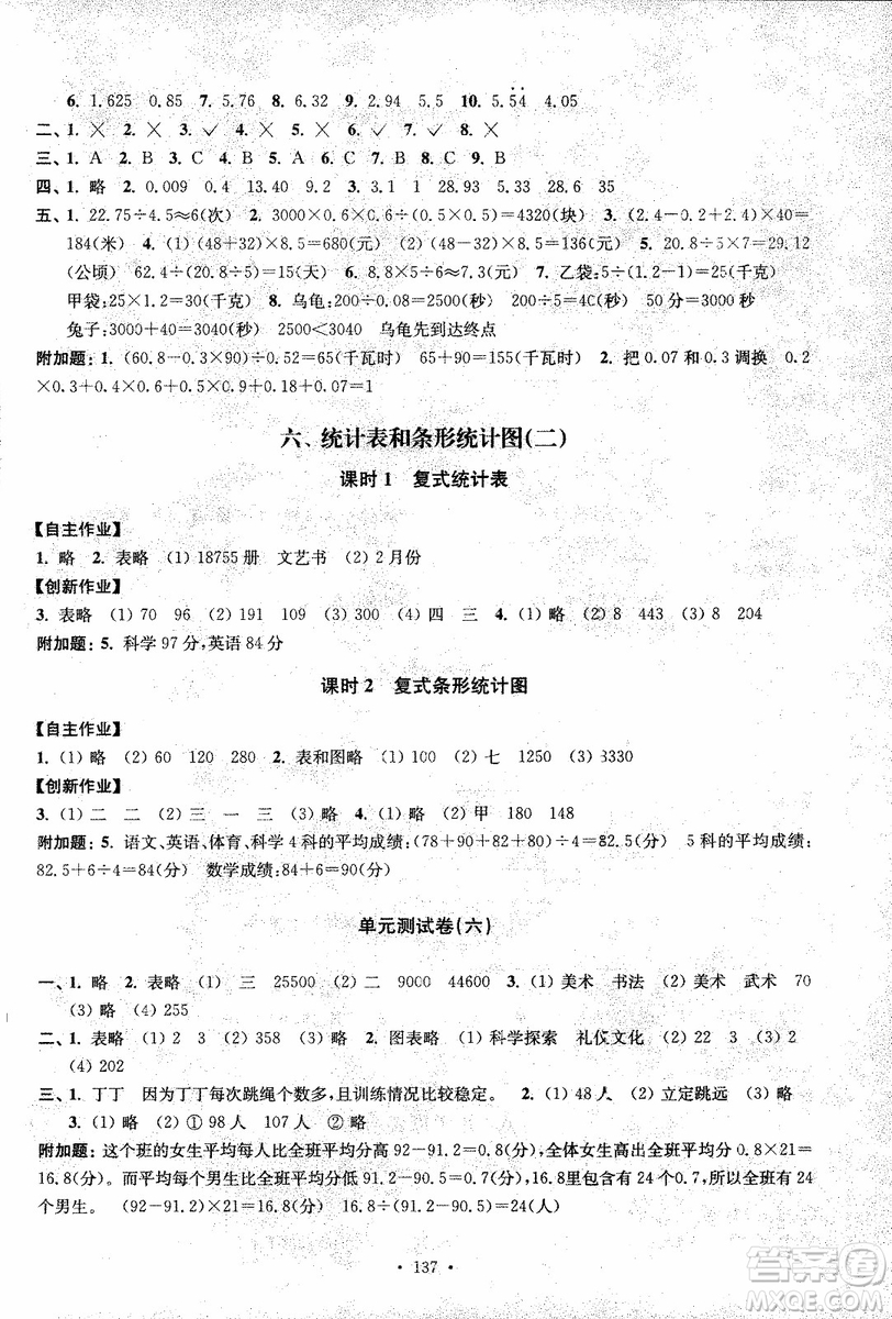 2018年秋高分拔尖課時作業(yè)小學數學五年級上冊江蘇版參考答案