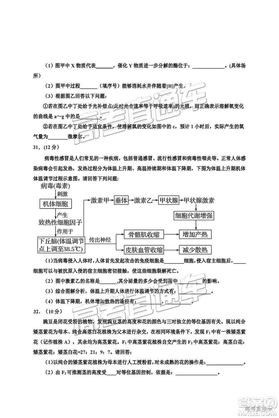 2019銀川一中高三第五次月考理綜試題及參考答案