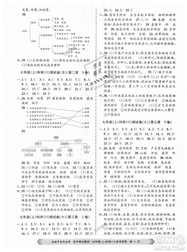 孟建平系列叢書華師大版2018新版初中單元測試七年級科學上冊9787517808909答案