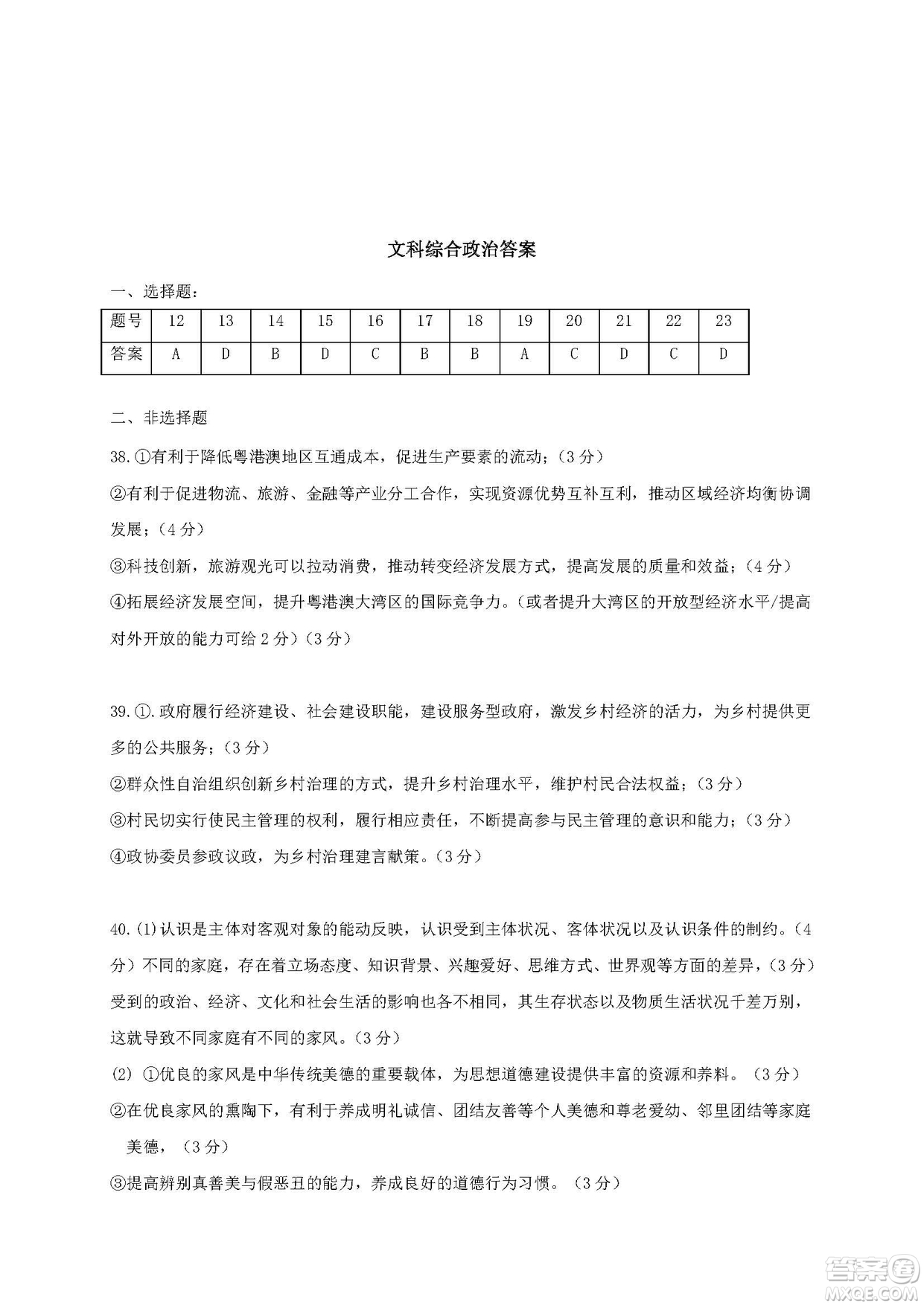 2019屆廣東深圳高級中學(xué)高三12月考文綜答案