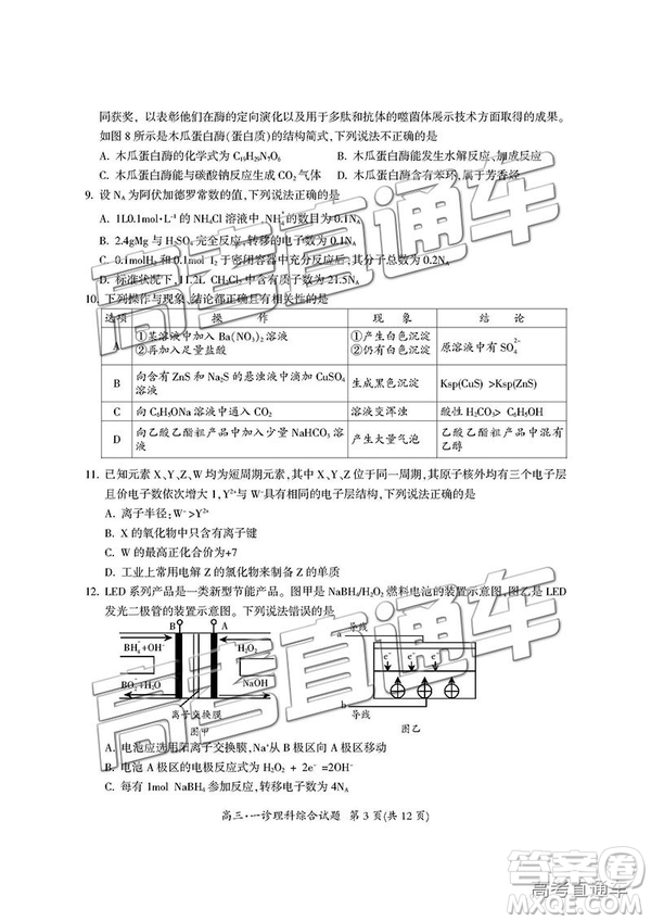 2019屆廣元一診高三理綜試題及參考答案