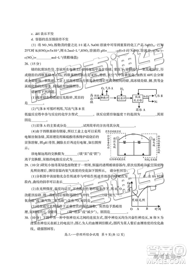 2019屆廣元一診高三理綜試題及參考答案