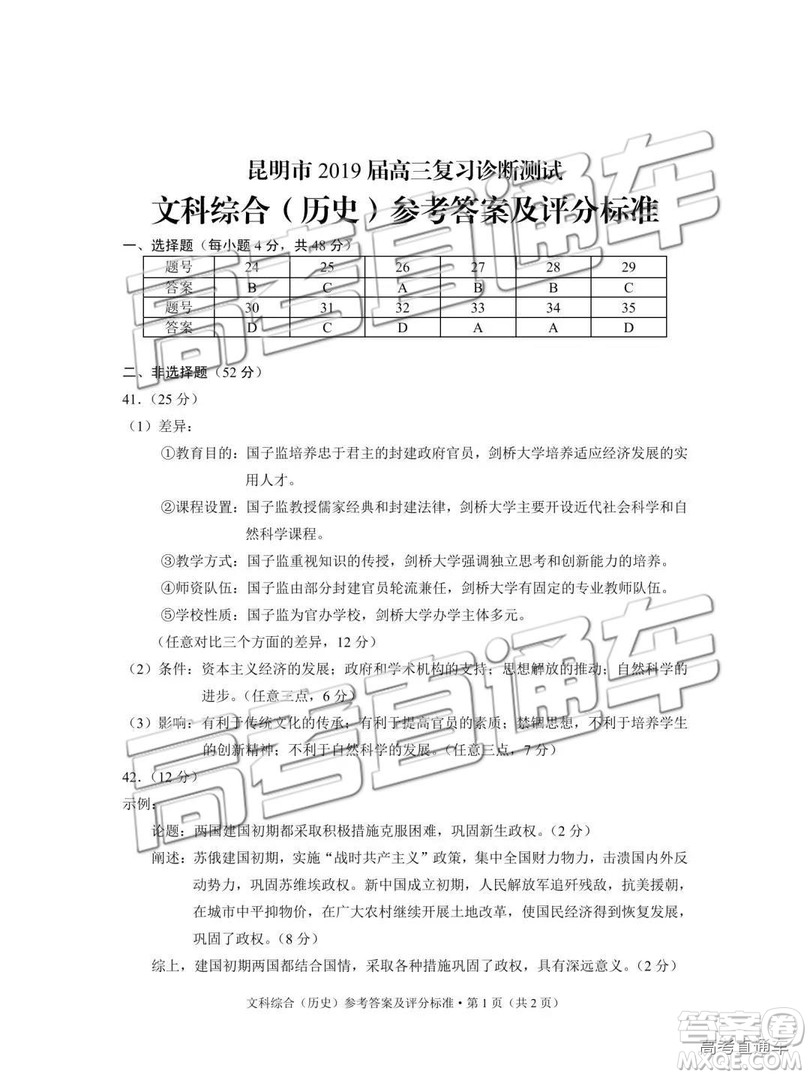 昆明市2019屆高三復(fù)習診斷測試1月文綜試卷及答案解析