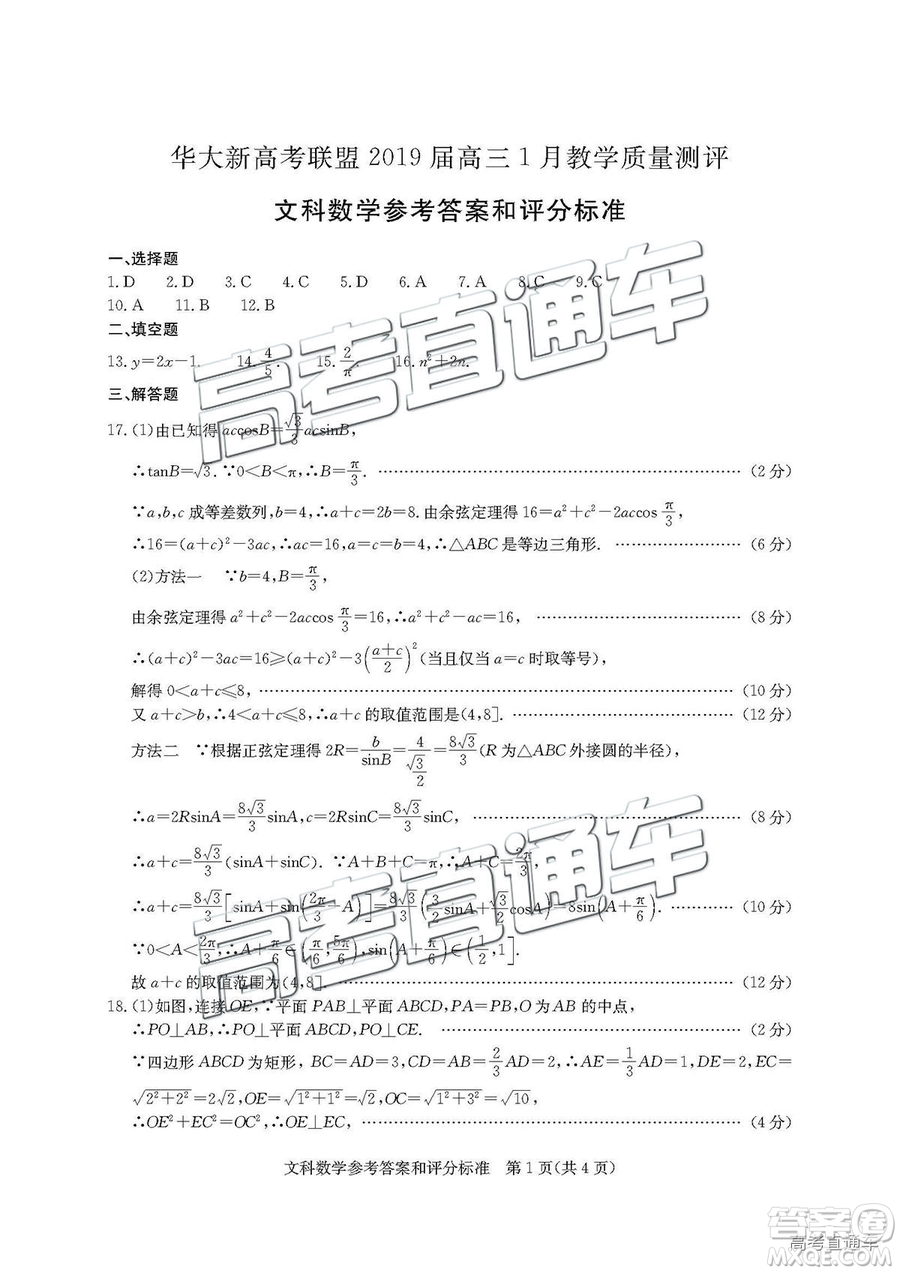 華大新高考聯(lián)盟2019屆高三1月教學質(zhì)量測評文數(shù)試卷及答案