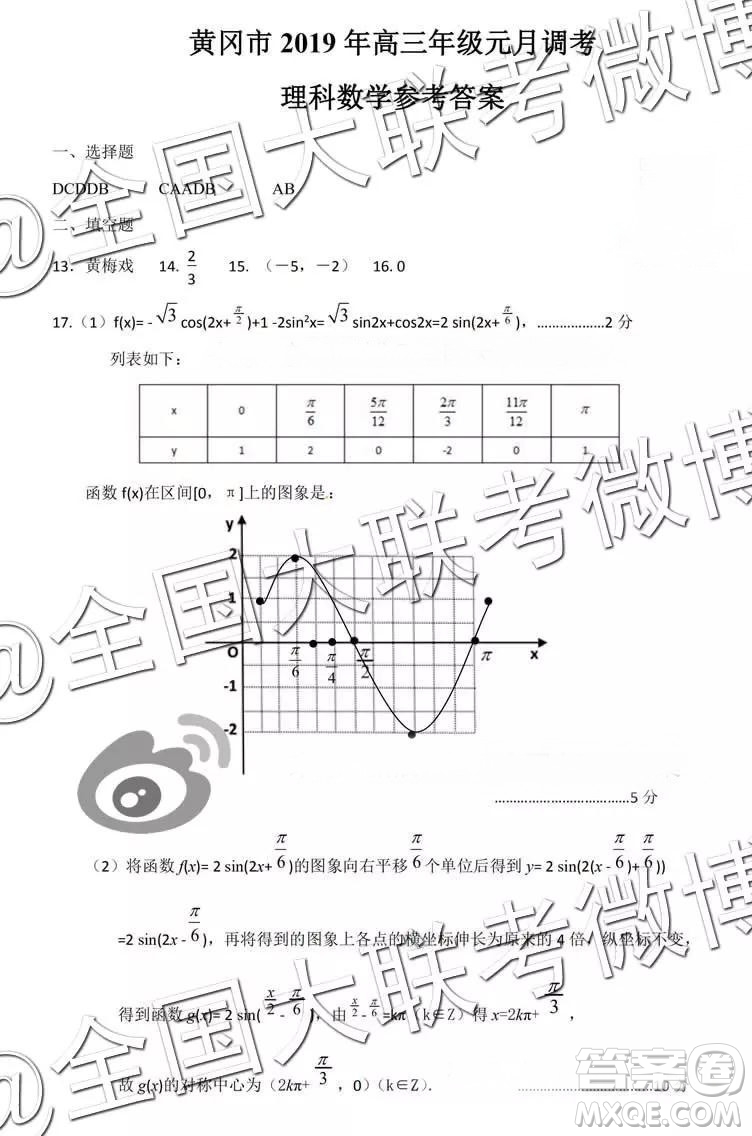 黃岡市2019年高三年級元月調考理科數(shù)學參考答案