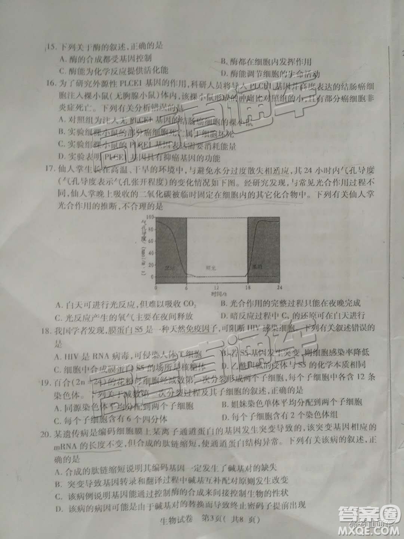 泉州市2019屆普通高中畢業(yè)班單科質量檢查生物試卷及答案解析