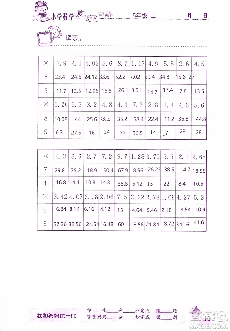 2019版津橋教育瘋狂口算小學數(shù)學五年級參考答案