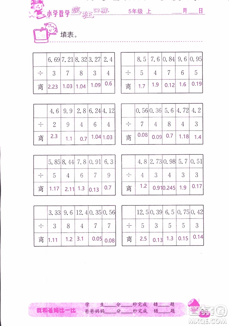 2019版津橋教育瘋狂口算小學數(shù)學五年級參考答案