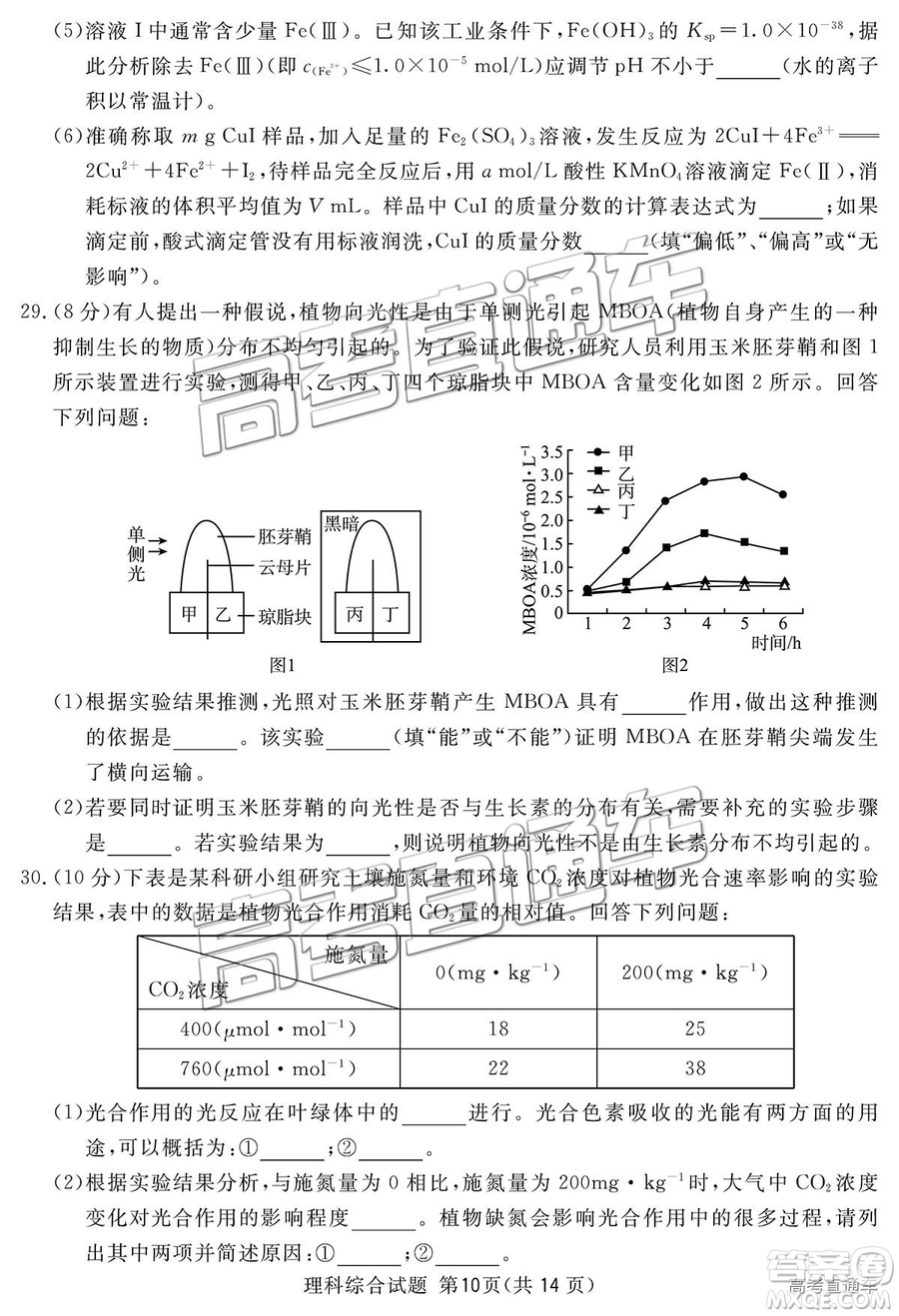 2019四川省眉山、遂寧、廣安、內江四市聯(lián)考理綜試題及參考答案