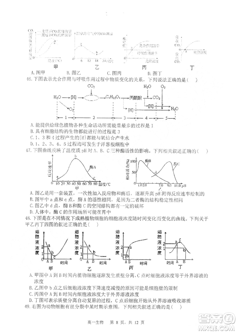 哈三中2018-2019學年度高一上期末測試生物試卷及答案