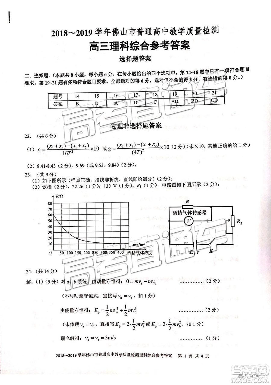 2019屆高三佛山一模理綜試題及參考答案