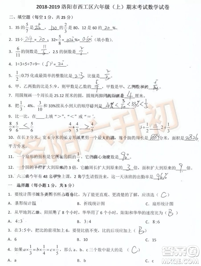 洛陽西工區(qū)2018-2019學(xué)年六年級上學(xué)期數(shù)學(xué)期末試卷答案