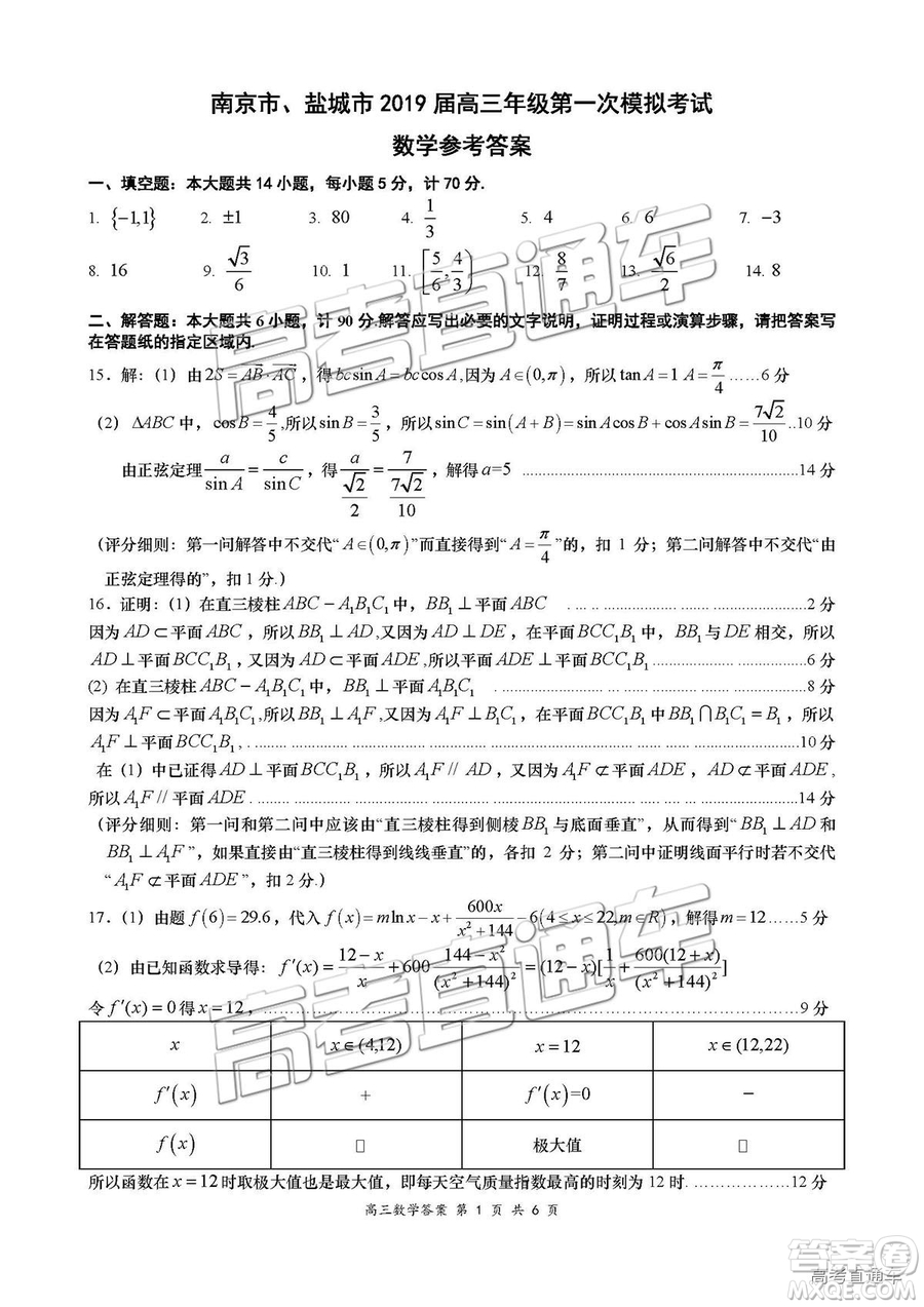 2019屆高三南京、鹽城一模數(shù)學試題及參考答案