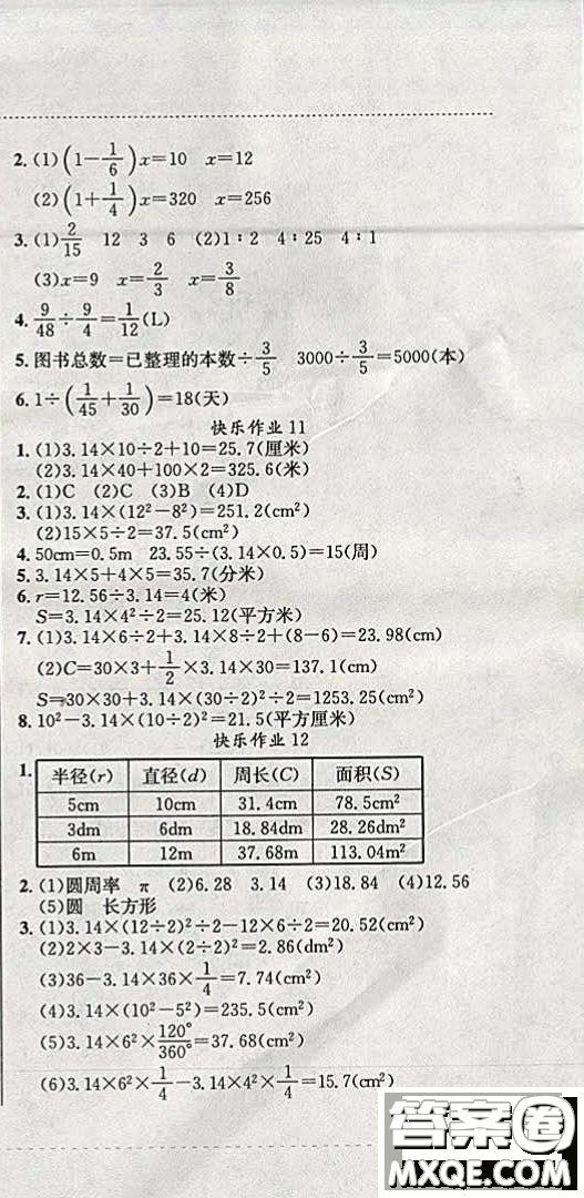 2019新版黃岡小狀元寒假作業(yè)六年級數(shù)學(xué)全國通用版參考答案