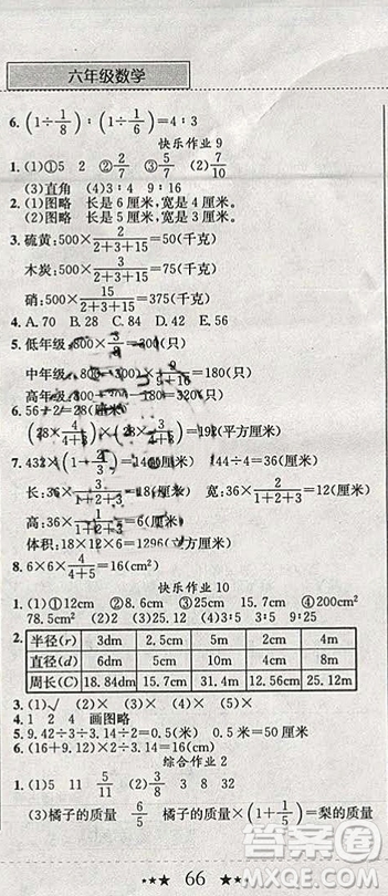 2019新版黃岡小狀元寒假作業(yè)六年級數(shù)學(xué)全國通用版參考答案