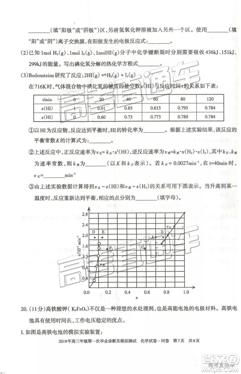 2019屆高三新疆烏魯木齊一診理綜試題及參考答案