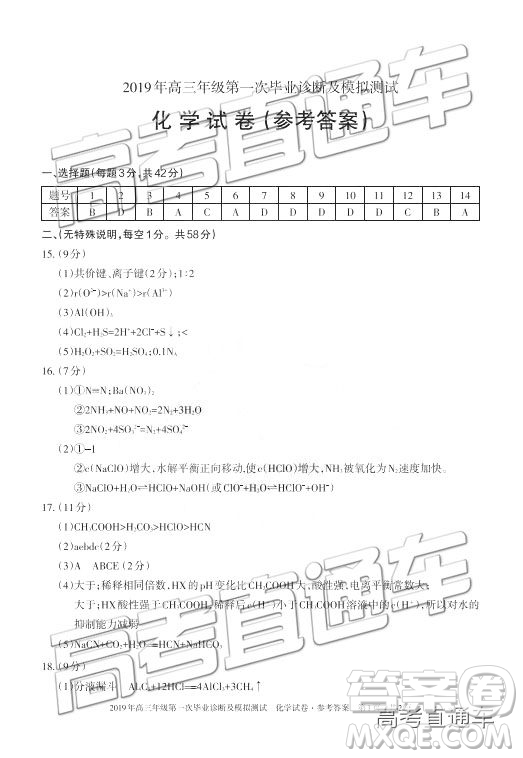 2019屆高三新疆烏魯木齊一診理綜試題及參考答案