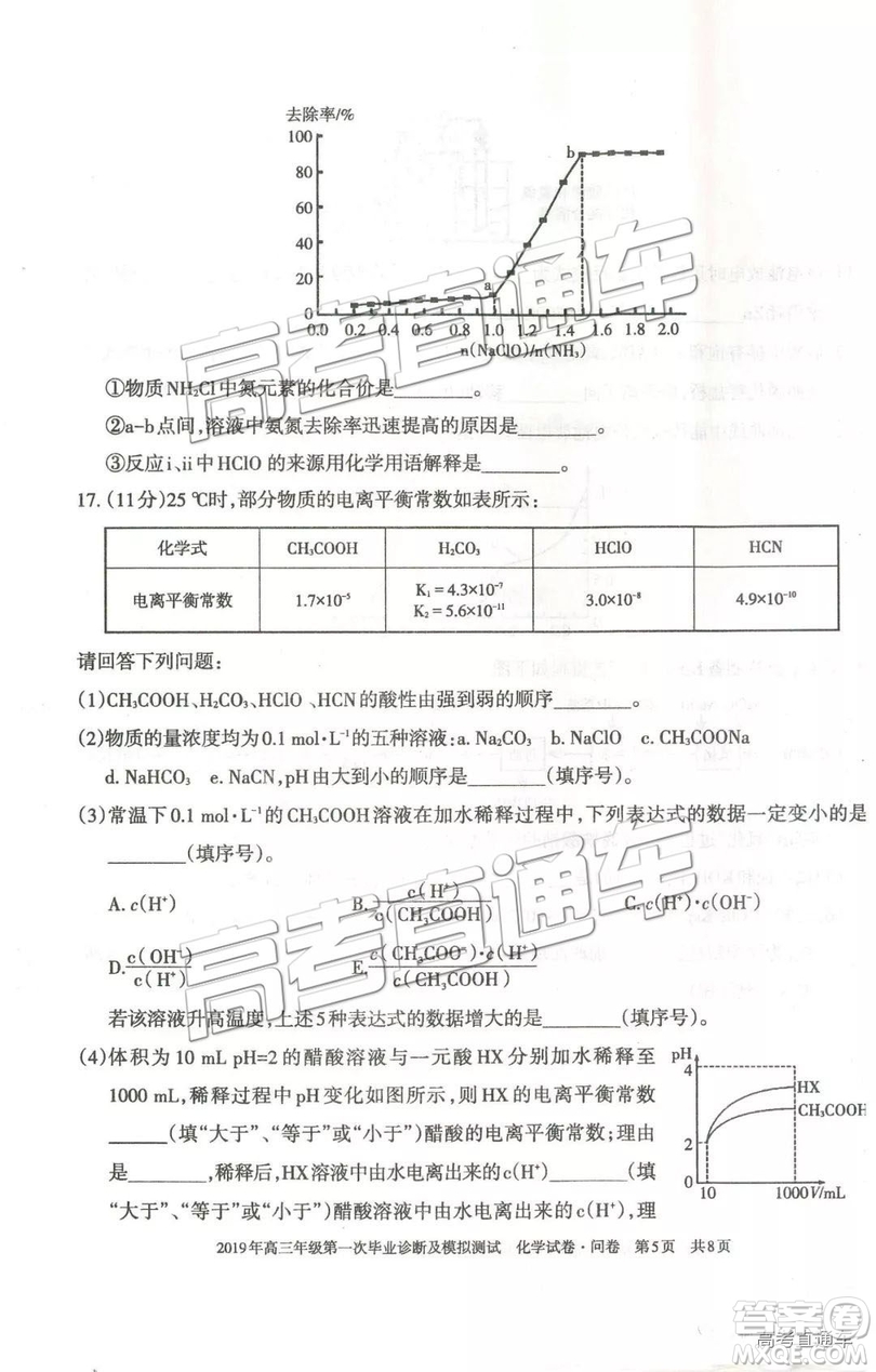 2019屆高三新疆烏魯木齊一診理綜試題及參考答案