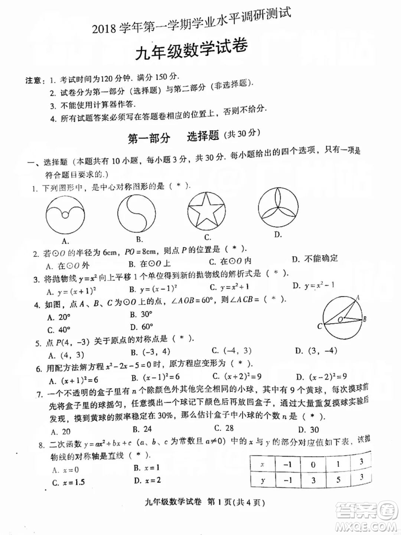 廣州市越秀區(qū)2018學(xué)年第一學(xué)期學(xué)業(yè)水平調(diào)研測試九年級數(shù)學(xué)試卷及答案解析