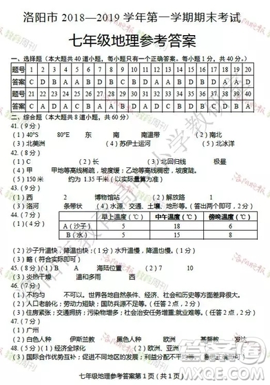 洛陽市2018-2019學(xué)年第一學(xué)期期末考試七年級(jí)地理答案