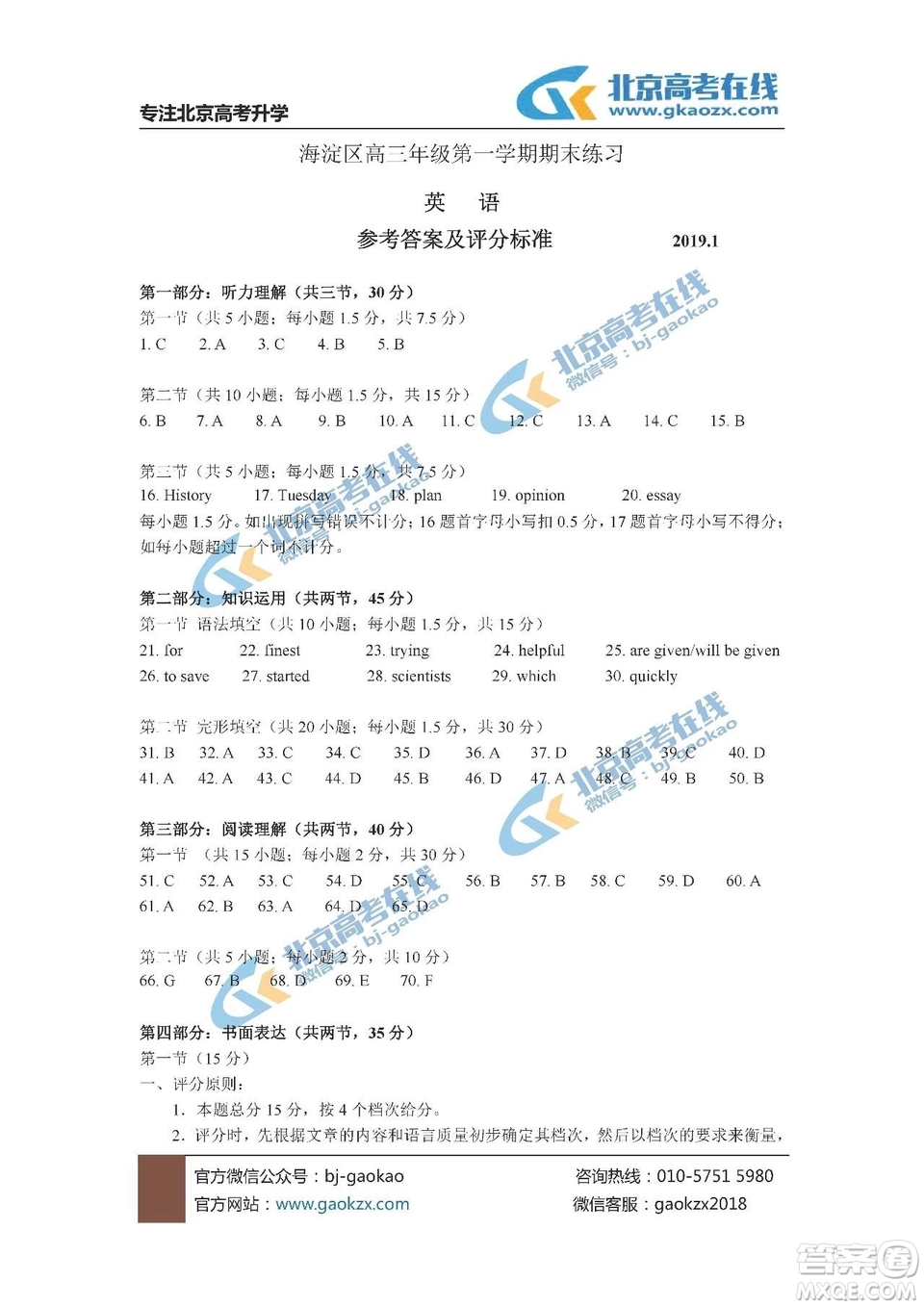 北京市海淀區(qū)2018-2019學(xué)年度高三上學(xué)期期末考試英語參考答案