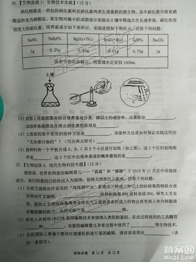 2019屆高三惠州三調(diào)理綜試題及參考答案