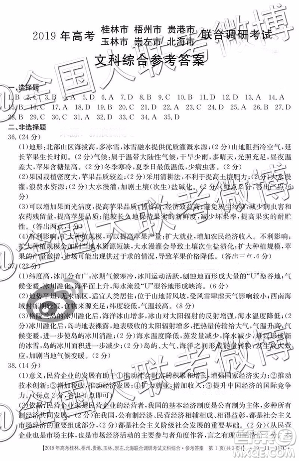 2019年高考桂林、梧州、貴港、玉林、崇左、北海聯(lián)合調(diào)研考試高三文科綜合參考答案