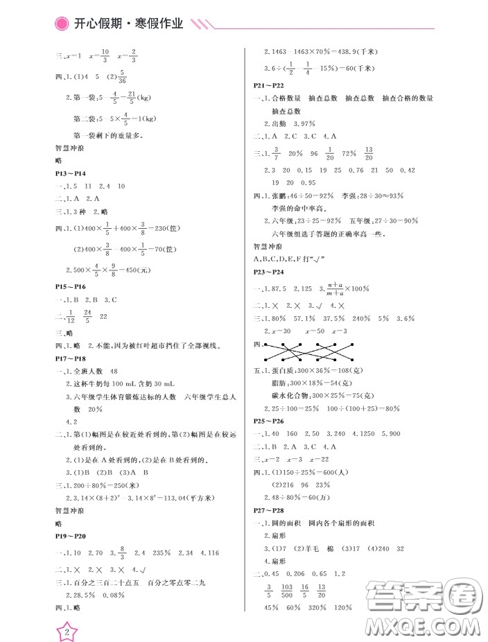 武漢出版社2020春季開心假期寒假作業(yè)六年級數(shù)學(xué)B版答案