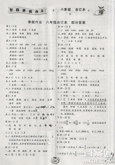 2019新課標(biāo)智趣合訂本寒假作業(yè)六年級(jí)通用版答案