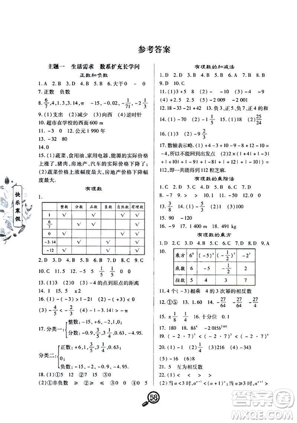 2019年Winter快樂寒假七年級(jí)數(shù)學(xué)Happy寒假作業(yè)答案