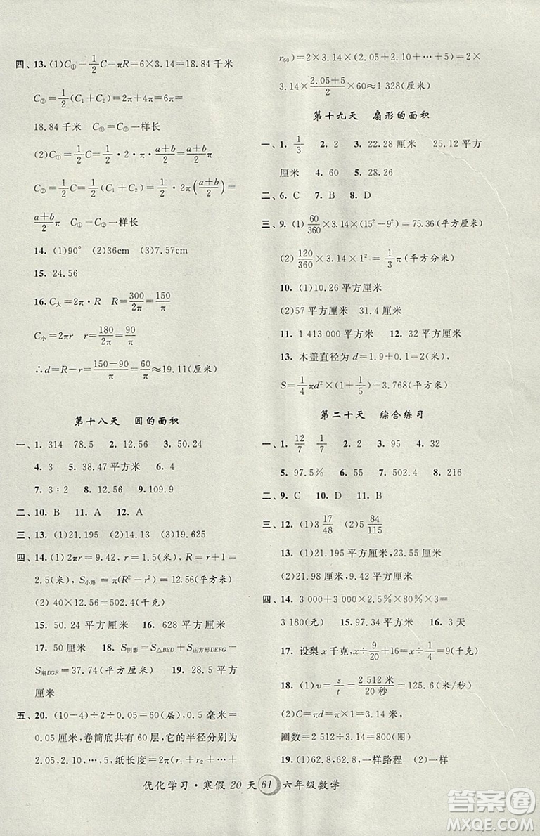 2019年優(yōu)化學(xué)習(xí)寒假20天上海地區(qū)專用寒假作業(yè)數(shù)學(xué)六年級(jí)數(shù)學(xué)參考答案