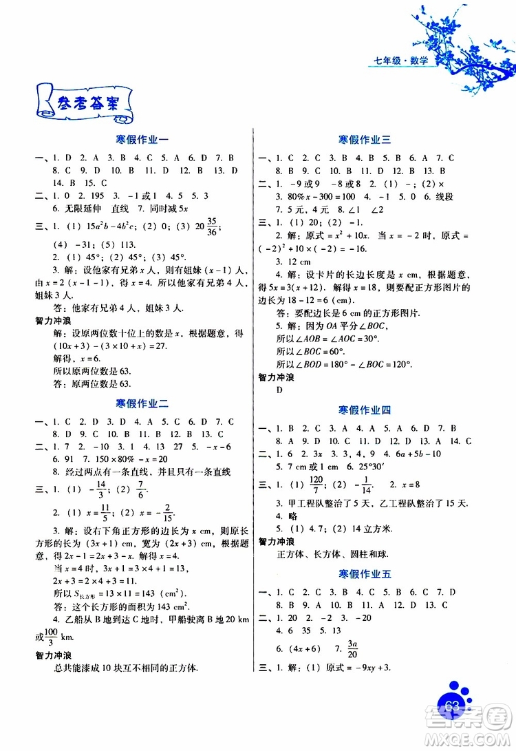 2019版寒假生活七年級(jí)數(shù)學(xué)通用版參考答案