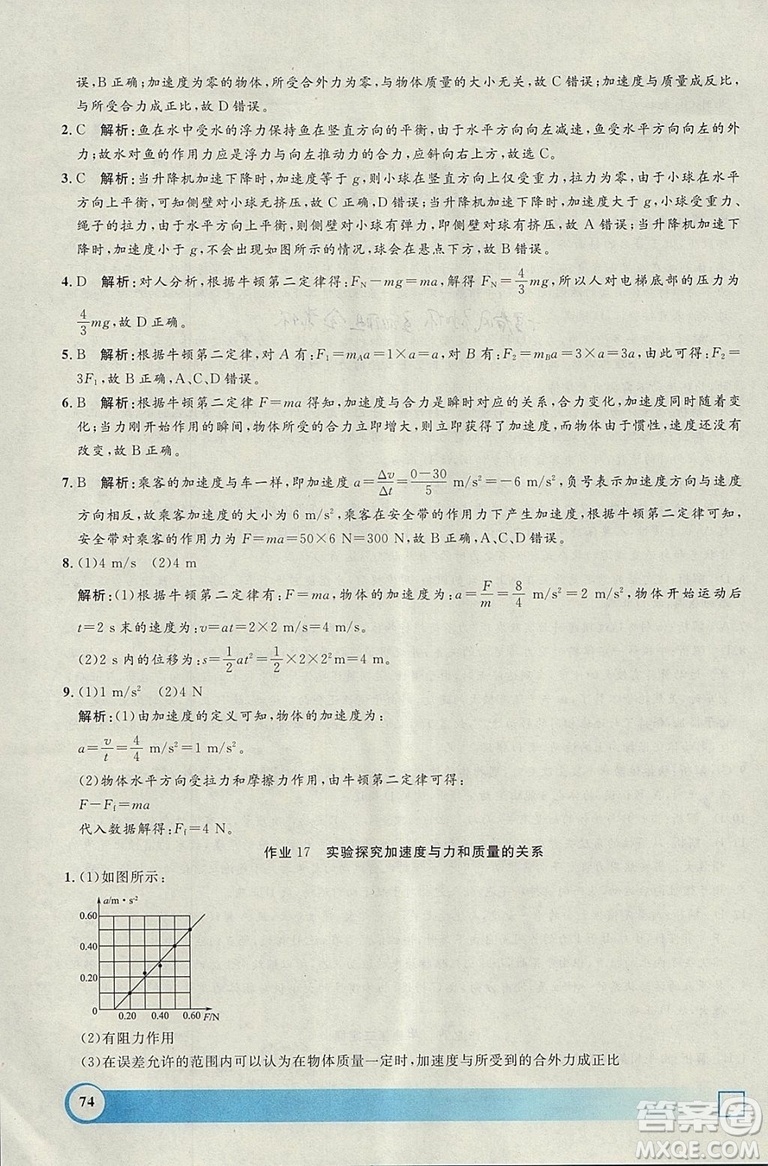 鐘書金牌2019寒假作業(yè)導與練物理高一上海專版參考答案