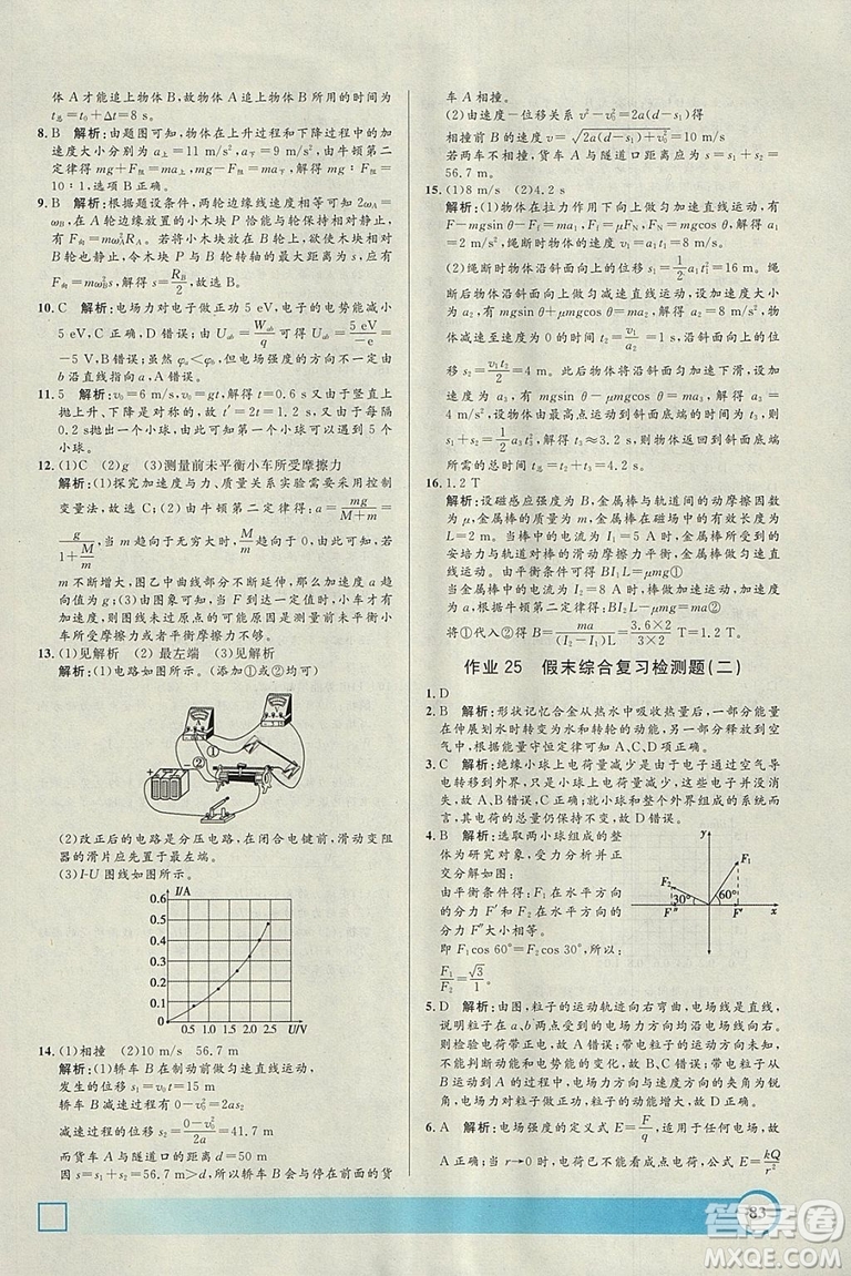 鐘書金牌2019年寒假作業(yè)導與練物理高二年級參考答案