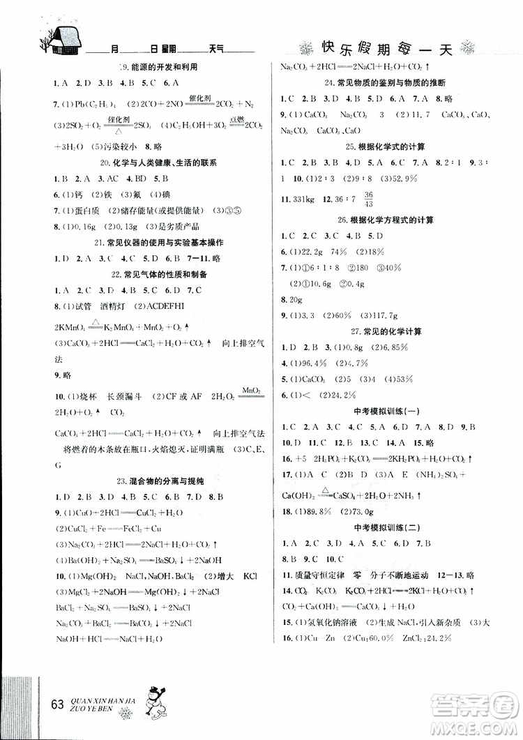 2019年優(yōu)秀生全新寒假作業(yè)本九年級化學中考復習版第二代新課標通用版參考答案