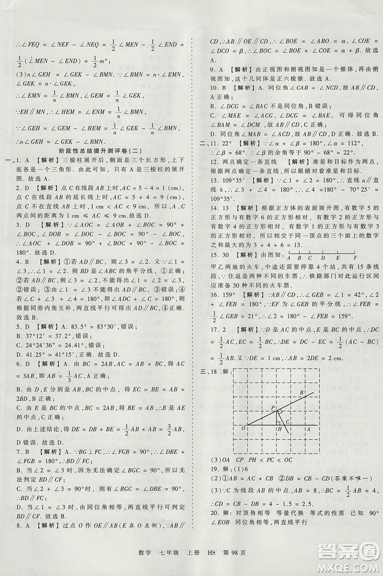 華師版HS2019版王朝霞考點梳理時習(xí)卷七年級上冊數(shù)學(xué)參考答案