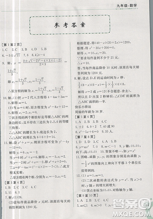 江西高校出版社2019新版快樂寒假九年級數(shù)學(xué)金太陽教育人教版參考答案