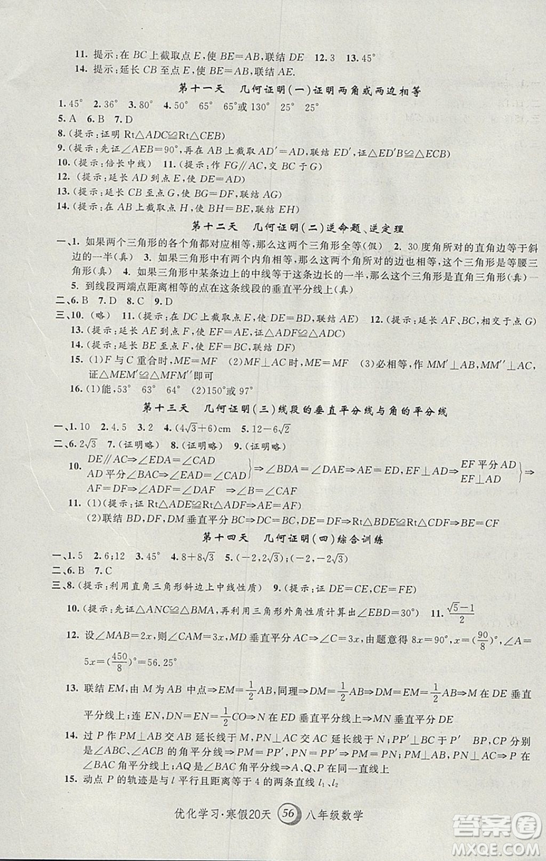 2019年優(yōu)化學(xué)習(xí)寒假20天數(shù)學(xué)八年級第8版滬教版答案