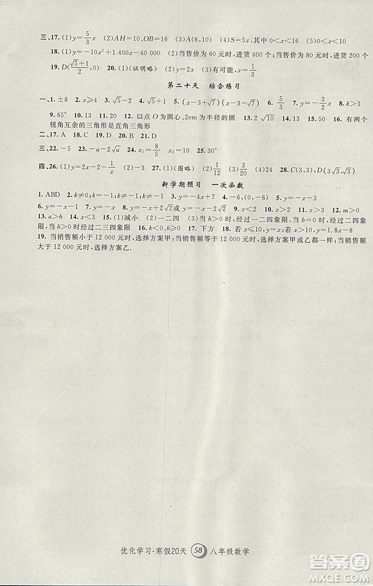 2019年優(yōu)化學(xué)習(xí)寒假20天數(shù)學(xué)八年級第8版滬教版答案