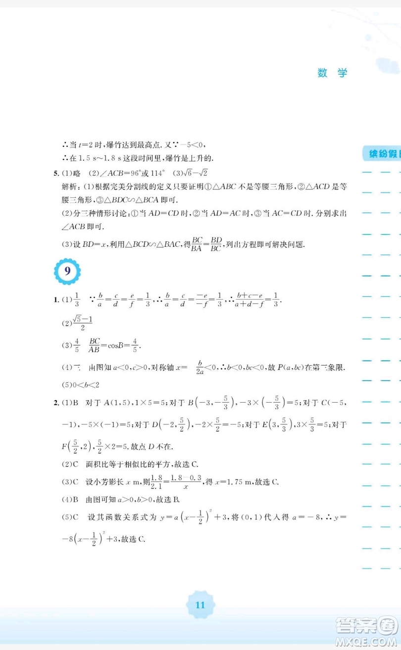 2019安徽教育出版社寒假生活九年級數(shù)學(xué)通用版S答案